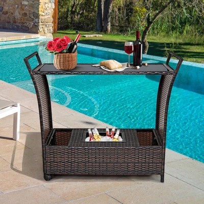 Costway Patio Rattan Bar Serving Cart Wheels Ice Bucket Glass Top Handle Garden 2 Costway Patio Rattan Bar Serving Cart Wheels Ice Bucket Glass Top Handle Garden - Image 2