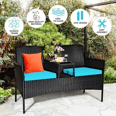 Costway Patio Rattan Conversation Set Seat Sofa Cushioned Loveseat Glass Table Chair RedTurquoise 4 Costway Patio Rattan Conversation Set Seat Sofa Cushioned Loveseat Glass Table Chair RedTurquoise - Image 4