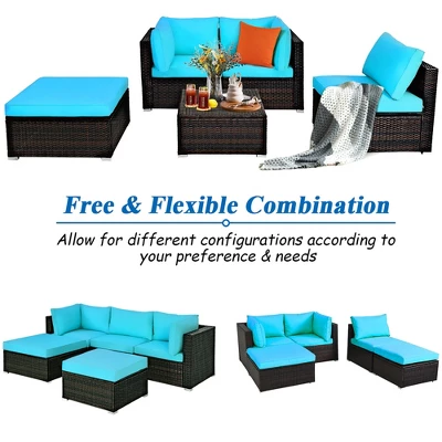 Costway 5PCS Patio Rattan Sectional Conversation Set Ottoman Turquoise 4 Costway 5PCS Patio Rattan Sectional Conversation Set Ottoman Turquoise - Image 4