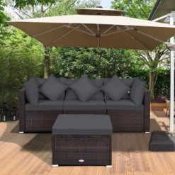 Costway 4PCS Patio Rattan Furniture Set Sofa Ottoman Cushion Garden Deck Grey