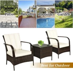 Costway 3 PCS Patio Rattan Furniture Set Coffee Table & 2 Rattan Chair W/White Cushions -Outdoor Deals Garden Store GUEST 6f2bf436 6b7e 460a 8892 032b18575ef3