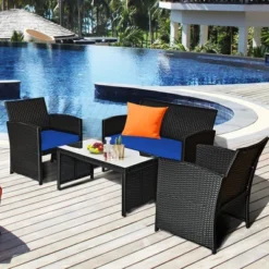 Costway 8PCS Patio Rattan Furniture Conversation Set Cushion Sofa Table Garden TurquoiseNavyBlackRed