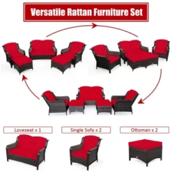 Costway 5PCS Patio Rattan Furniture Set Loveseat Sofa Ottoman W/RedWhite Cushion -Outdoor Deals Garden Store GUEST 723b8270 0e60 4ab3 a55e 4880c23046d7