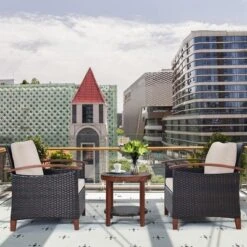 Costway 3PCS Patio Wicker Sofa Set Acacia Wood Frame With Beige &Turquoise Cushion Covers -Outdoor Deals Garden Store GUEST 73a78c93 5998 4149 bca5 2b09d53620ac