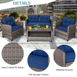 Costway 4 PCS/8PCS Patio Rattan Furniture Set Coffee Table Cushioned Sofa Garden Lawn Navy -Outdoor Deals Garden Store GUEST 7466756d c728 4a3a 91a2 6e52b265c2fb