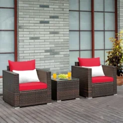 Costway 3PCS Patio Rattan Furniture Set Conversation Sofa Cushioned TurquoiseRed -Outdoor Deals Garden Store GUEST 74c3cd3d 6dc6 4eb6 babf 9af815421f1d