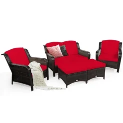 Costway 5PCS Patio Rattan Furniture Set Loveseat Sofa Ottoman W/RedWhite Cushion -Outdoor Deals Garden Store GUEST 74d402cf 7afe 4469 b1a0 4029f64bc696