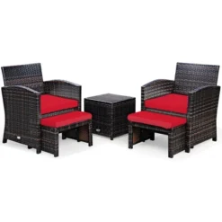 Costway 5PCS Patio Rattan Wicker Furniture Set Sofa Ottoman W/ Cushions Red -Outdoor Deals Garden Store GUEST 75e65920 c5e7 4b8b 9980 591de274653d