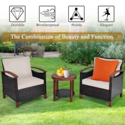 Costway 3PCS Patio Wicker Sofa Set Acacia Wood Frame With Beige &Turquoise Cushion Covers -Outdoor Deals Garden Store GUEST 75ef32c4 536e 4ed2 adb4 636113669b09