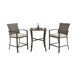 Costway 3PCS Patio Rattan Bar Furniture Set Slat Table 2 Cushioned Stools Poolside Brown -Outdoor Deals Garden Store GUEST 7814b674 ed66 47db 88b2 957988dd0fd0