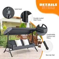 Costway Patio 3-Seat Porch Canopy Swing Converting Grey Cushion Pillow Adjust -Outdoor Deals Garden Store GUEST 783047e0 a74b 4a6d 8382 1407261817c4