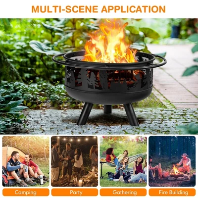 Costway 30'' Patio Round Fire Pit W/ Fire Poker Cooking Grill For Camping BBQ 4 Costway 30'' Patio Round Fire Pit W/ Fire Poker Cooking Grill For Camping BBQ - Image 4
