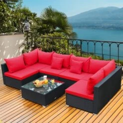 Costway 7PCS Rattan Patio Conversation Set Sectional Furniture Set W/ Red Cushion -Outdoor Deals Garden Store GUEST 79071a23 76b2 4e28 8e9d a25eaaea5c40