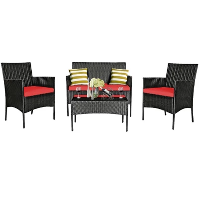 Costway 4PCS Rattan Patio Furniture Set Cushioned Sofa Chair Coffee Table Red 7 Costway 4PCS Rattan Patio Furniture Set Cushioned Sofa Chair Coffee Table Red - Image 7