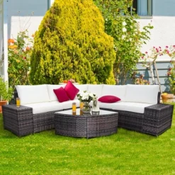 Costway 6PCS Rattan Furniture Set Conversation Cushioned Sofa Armrest Garden TurquoiseWhite -Outdoor Deals Garden Store GUEST 7978489e a1b6 4bd9 849f 3b946b489e7a