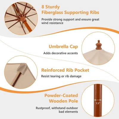 Costway 9.5 FT Patio Rope Pulley Wooden Umbrella Market W/Fiberglass Ribs Outdoor Beige 9 Costway 9.5 FT Patio Rope Pulley Wooden Umbrella Market W/Fiberglass Ribs Outdoor Beige - Image 9
