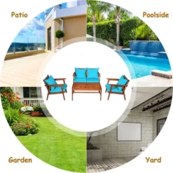 Costway 8PCS Patio Rattan Furniture Set Acacia Wood Frame Cushioned Sofa Chair Turquoise -Outdoor Deals Garden Store GUEST 7c41467f e187 4507 9b2b f5079272d007