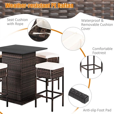 Costway Patio 5PCS Rattan Bar Table Stool Set Hidden Storage Shelf Cushioned 6 Costway Patio 5PCS Rattan Bar Table Stool Set Hidden Storage Shelf Cushioned - Image 6