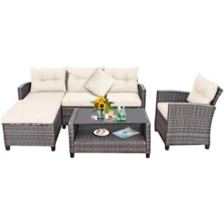 Costway 4PCS Patio Rattan Furniture Set Sofa Ottoman Cushion Garden Deck White/Gray -Outdoor Deals Garden Store GUEST 80e7f20e 91fc 4898 8755 91af6ba2ea35