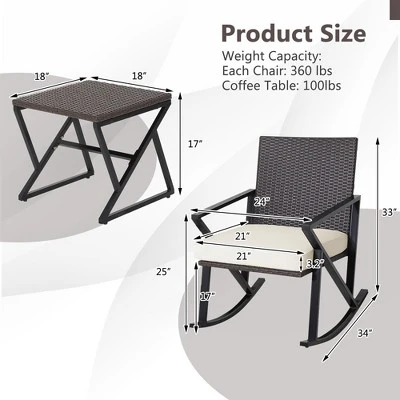 Costway 3PCS Patio Rattan Wicker Rocking Chairs Table Bistro Set Cushioned Rocker Garden 3 Costway 3PCS Patio Rattan Wicker Rocking Chairs Table Bistro Set Cushioned Rocker Garden - Image 3