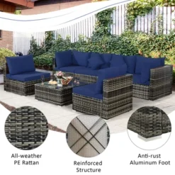 Costway 7PCS Patio Rattan Furniture Set Sectional Sofa Garden Navy Cushion -Outdoor Deals Garden Store GUEST 85e95411 9951 49f4 b7b2 9e469e296116