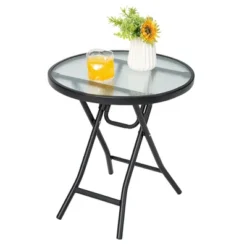 Costway Patio Folding Round Glass Side Table Bistro Coffee Table Plant Stand -Outdoor Deals Garden Store GUEST 85ecddd5 c097 4754 99d4 0a704ece145f