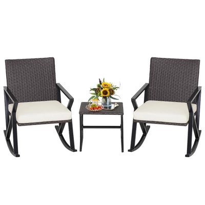 Costway 3PCS Patio Rattan Wicker Rocking Chairs Table Bistro Set Cushioned Rocker Garden 1 Costway 3PCS Patio Rattan Wicker Rocking Chairs Table Bistro Set Cushioned Rocker Garden