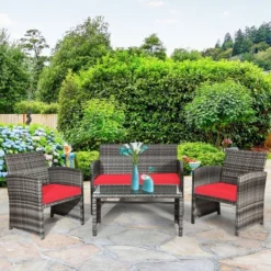 Costway 4PCS Patio Rattan Furniture Set Conversation Glass Table Top Cushioned TurquoiseRed