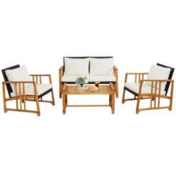 Costway 4PCS Patio Mix Brown Wicker Sofa Set Acacia Wood Frame With Seat & Back Cushions -Outdoor Deals Garden Store GUEST 871f1f65 e384 4a5b a79f 5a38da01402f