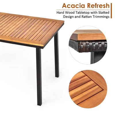 Costway 55'' Patio Rattan Dining Table Acacia Wood Table Top Umbrella Hole 5 Costway 55'' Patio Rattan Dining Table Acacia Wood Table Top Umbrella Hole - Image 5