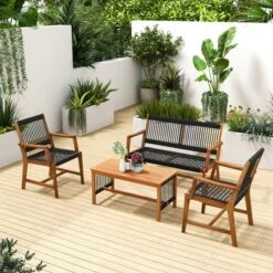 Costway Patio 4pcs Acacia Wood Conversation Table & Chair Set Hand-Woven Rope Outdoor -Outdoor Deals Garden Store GUEST 88a0b515 139f 4e44 b0bc 581f74aa7cca