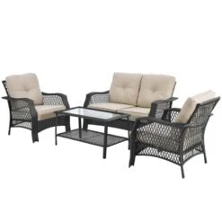 Costway 4PCS Patio Wicker Furniture Set Loveseat Sofa Coffee Table W/ Cushion -Outdoor Deals Garden Store GUEST 88f01679 f707 4e96 9799 df8612e03cb1