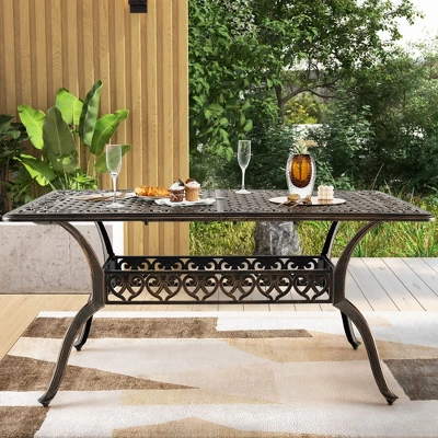 Costway 59'' Outdoor Dining Table All-Weather Cast Aluminum Umbrella Hole 6 Person Bronze 4 Costway 59'' Outdoor Dining Table All-Weather Cast Aluminum Umbrella Hole 6 Person Bronze - Image 4