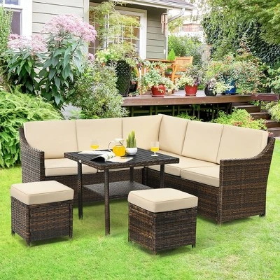 Costway 6PCS Patio Rattan Dining Sofa Furniture Set Ottoman Table Lower Shelf 1 Costway 6PCS Patio Rattan Dining Sofa Furniture Set Ottoman Table Lower Shelf