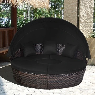 Costway Patio Rattan Daybed Cushioned Sofa Adjustable Table Top Canopy Black 2 Costway Patio Rattan Daybed Cushioned Sofa Adjustable Table Top Canopy Black - Image 2