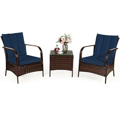 Costway 3 PCS Patio Rattan Furniture Set W/ Coffee Table & 2 Rattan Chair 1 Costway 3 PCS Patio Rattan Furniture Set W/ Coffee Table & 2 Rattan Chair