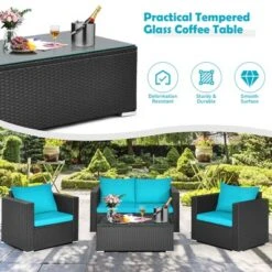 Costway 4PCS Patio Rattan Cushioned Sofa Chair Coffee Table Turquoise -Outdoor Deals Garden Store GUEST 8b2ff6e6 6f68 47f4 89e2 3cb464c35b2d