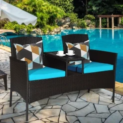 Costway Patio Rattan Conversation Set Loveseat Sofa Cushioned Coffee Table TurquoisRed -Outdoor Deals Garden Store GUEST 8e74e0ac 86a2 44c9 9391 227804038e69
