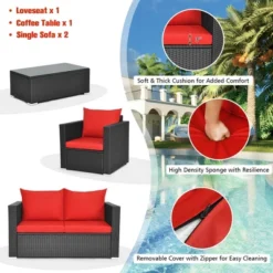 Costway 4PCS Patio Rattan Furniture Set Cushioned Sofa Chair Coffee Table Garden Red -Outdoor Deals Garden Store GUEST 8f8fc92d ba95 40ea a746 a01ae6d33396