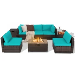 Costway 8PCS Patio Rattan Furniture Set Fire Pit Table Tank Holder Cover Deck Off White/Black/Navy/Red/Turquoise -Outdoor Deals Garden Store GUEST 8ff0b99b d641 4c07 b428 488e9dd1211a
