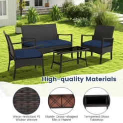 Costway 8PCS Patio Rattan Wicker Furniture Set Cushioned Sofa Armrest Coffee Table Navy