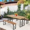Costway 3 PCS Outdoor Acacia Wood Patio Dining Table Bench Set With 2'' Umbrella Hole