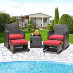 Costway 5PCS Patio Rattan Furniture Set Ottoman Cushioned W/Cover Space Saving Off White/Gray/Red/Turquoise -Outdoor Deals Garden Store GUEST 93178b13 0b81 4e38 94a8 f1ee7078a2b0