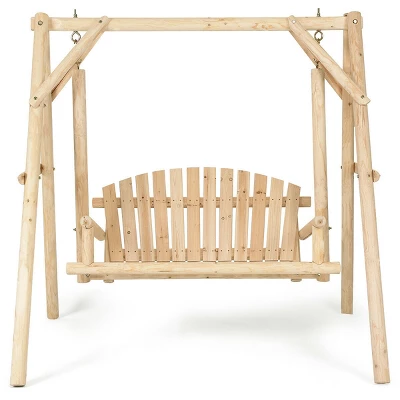 Costway A-Frame Wooden Porch Swing Outdoor Garden Rural Torched Log Curved Back Bench 4 Costway A-Frame Wooden Porch Swing Outdoor Garden Rural Torched Log Curved Back Bench - Image 4