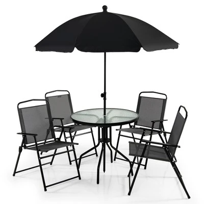Costway 6 PCS Patio Dining Set Folding Chairs Glass Table Tilt Umbrella Garden 9 Costway 6 PCS Patio Dining Set Folding Chairs Glass Table Tilt Umbrella Garden - Image 9