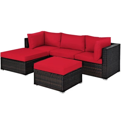 Costway 5PCS Patio Rattan Furniture Set Sectional Conversation Set Ottoman Table Red 1 Costway 5PCS Patio Rattan Furniture Set Sectional Conversation Set Ottoman Table Red
