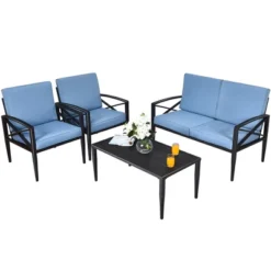 Costway 4PCS Patio Furniture Set Aluminum Frame Cushioned Sofa Chair Coffee Table Blue -Outdoor Deals Garden Store GUEST 965392f3 19fb 460b b24a 79e6c0ba54a7