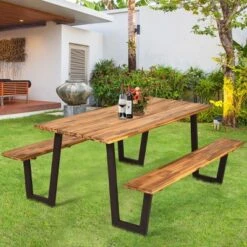 Costway Patented Picnic Table With 2 Benches 70'' Dining Table Set With Seats And Umbrella Hole