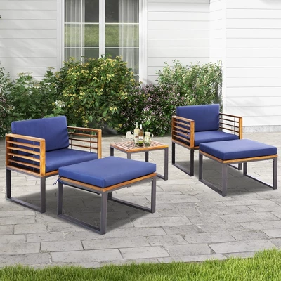 Costway 5pcs Patio Acacia Wood Cushioned Chair Ottoman Table Furniture Set Outdoor Navy 1 Costway 5pcs Patio Acacia Wood Cushioned Chair Ottoman Table Furniture Set Outdoor Navy