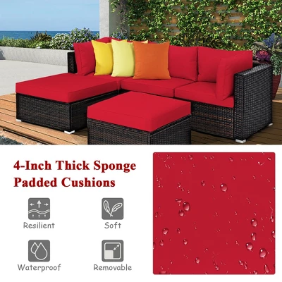 Costway 5PCS Patio Rattan Furniture Set Sectional Conversation Set Ottoman Table Red 5 Costway 5PCS Patio Rattan Furniture Set Sectional Conversation Set Ottoman Table Red - Image 5